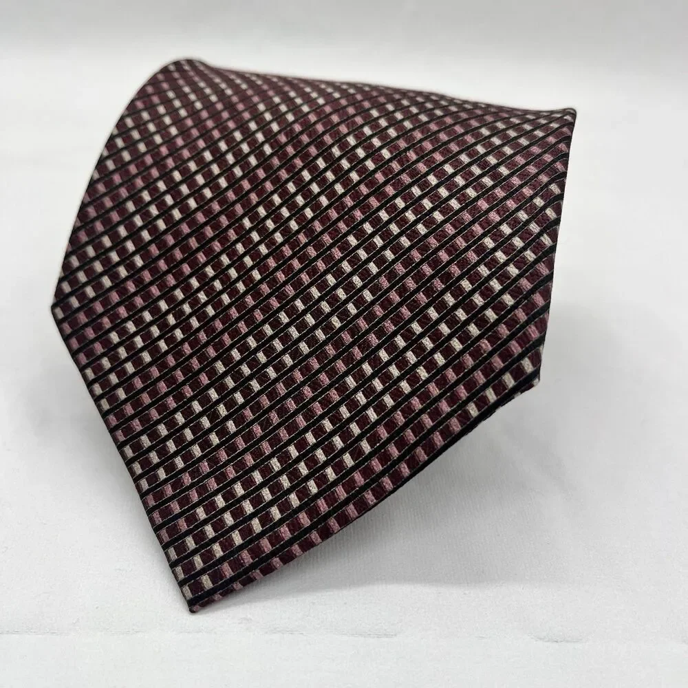 Laurant Benon Paris 100% Silk Necktie Maroon Tan Black Business Formal EUC